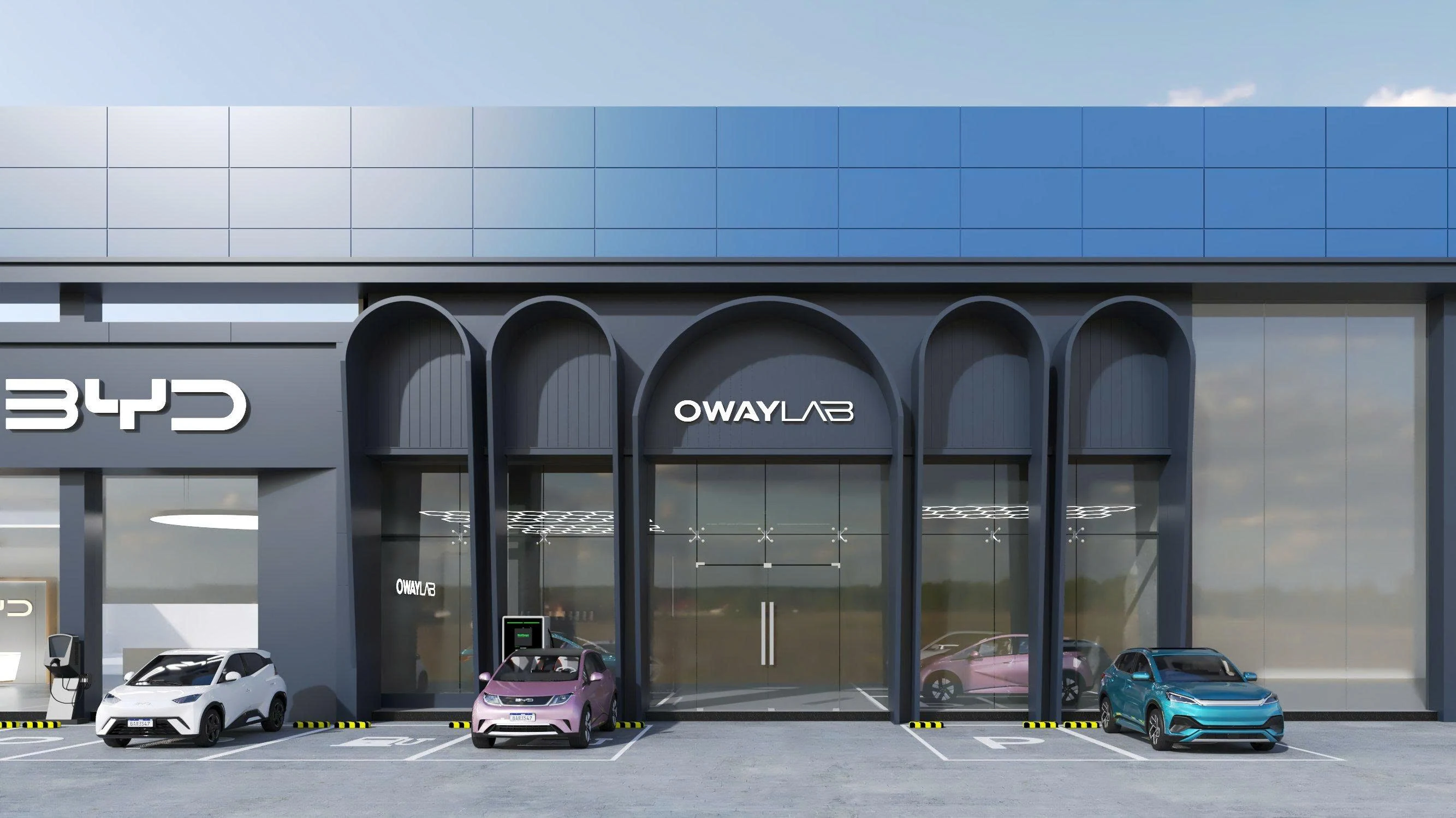 Mặt tiền xưởng OwayLab đặt liền kề showroom BYD, khu đỗ xe phía trước